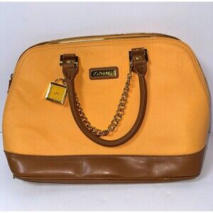 JOY & IMAN Womens Tan/Brown Pebbled Satchel Top Handle Zip Gold Hardware Charm